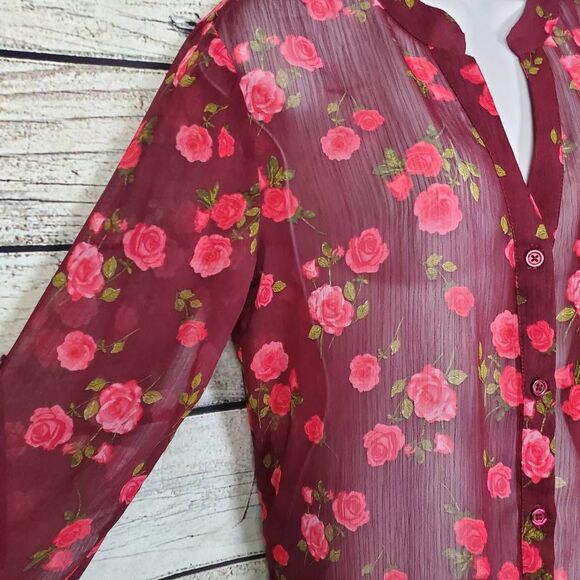 KUT from the Kloth Women’s M Burgundy Sheer Rose Floral Button Front Blouse Long - Picture 3 of 6